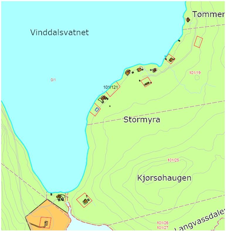 Utsnitt fra Kommuneplanens arealdel med grunnkart og grenser.