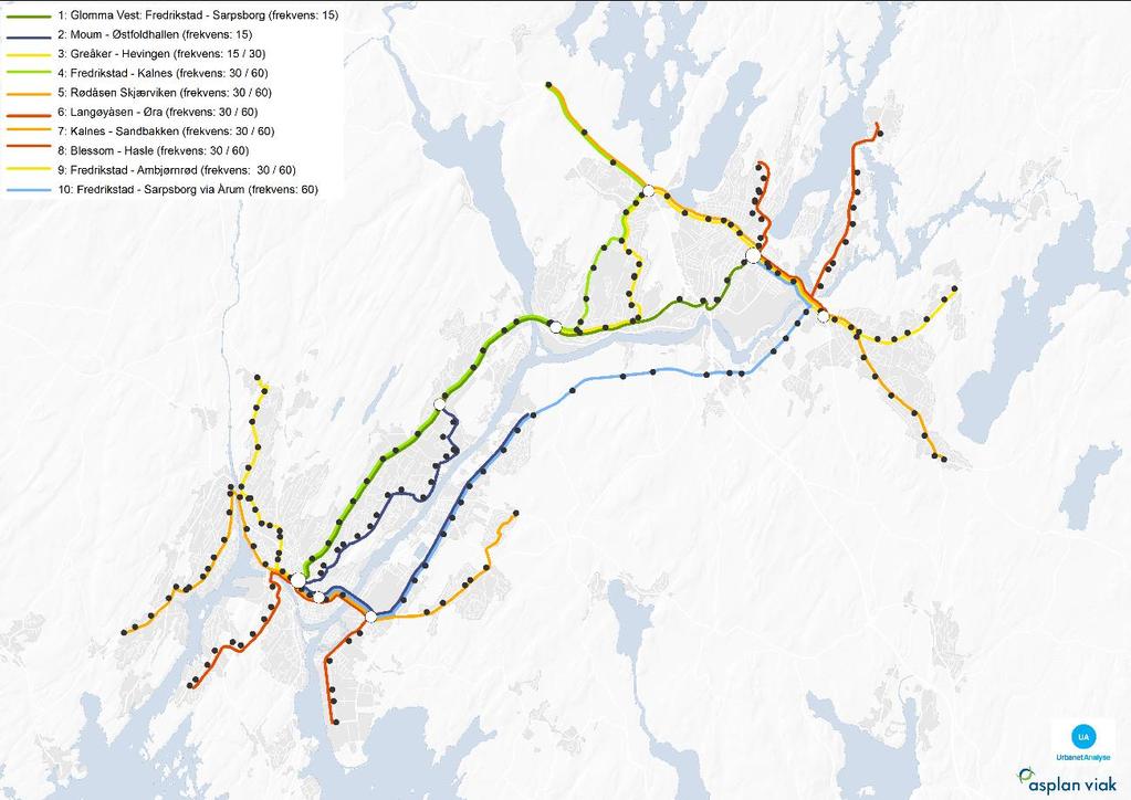 Figur 5.9: Forslag til stamrutenett og holdeplasstruktur.