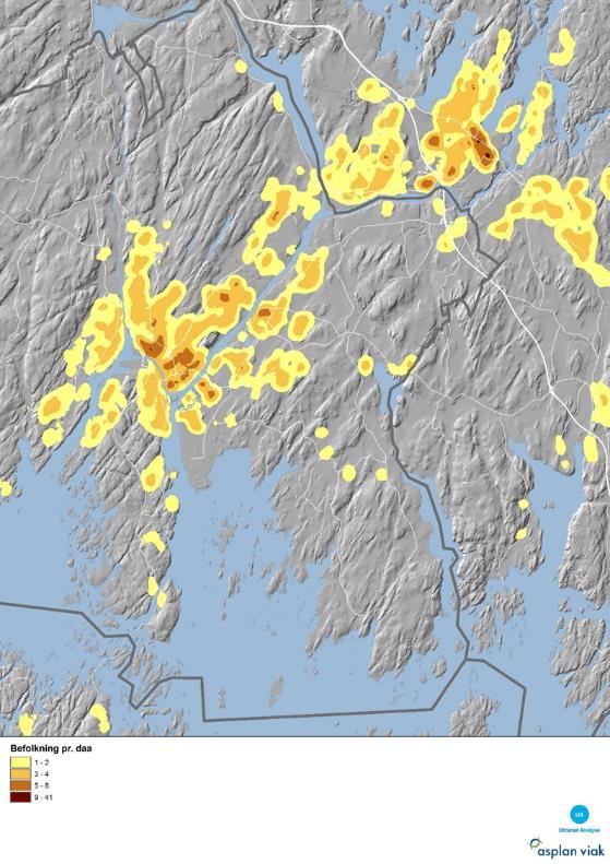 Figur 3.1. Befolkningstetthet i bybåndet i Nedre Glomma.