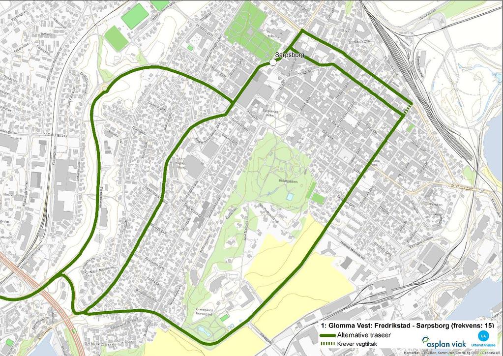 Figur 5.6: Trase i Sarpsborg sentrum. Det forslås å la Rute 1: Glomma vest gå via enten Storgata eller fv. 109 Oscar Pedersens vei, fremfor fv. 109 Torsbekkveien hvor Glommaringen går i dag.