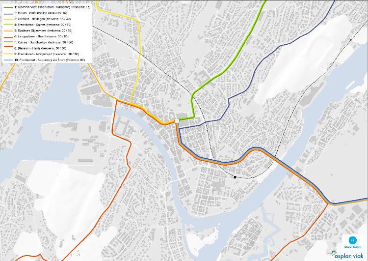 Fredrikstad sentrum I Fredrikstad er det nødvendig med detaljerte vurderinger av om det er mulig å føre samtlige ruter gjennom samme traseer i sentrumskjernen. Foreslåtte ruter er lagt i rv.