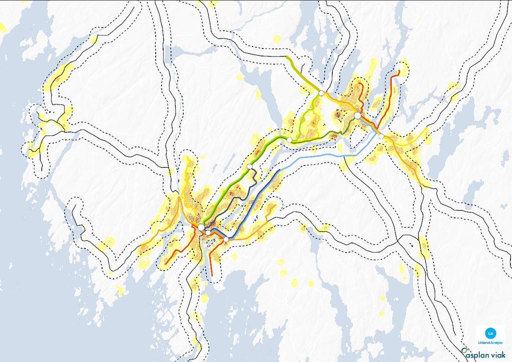 Figur 5.8: Tilgjengelighet til det foreslåtte tilbudet, 500 meter avstand til holdeplass.