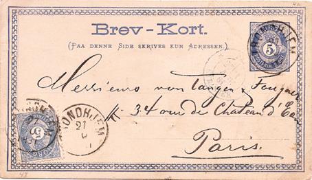 Helsaksklipp var ikke godkjent som frankering i Norge etter 1882 men er her akseptert av postverket. Stemplet Eidsvaag (M. & R.