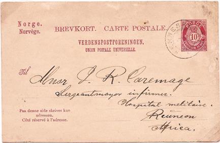 Brevkort nr. 57, 10 øre, utgitt 1902. Stemplet Hemnesberget 7.6.1906. Ankomststemplet St.Denis, Reunion 19.7.1906. Ikke registrert noen postsending til Reunion i NKP.