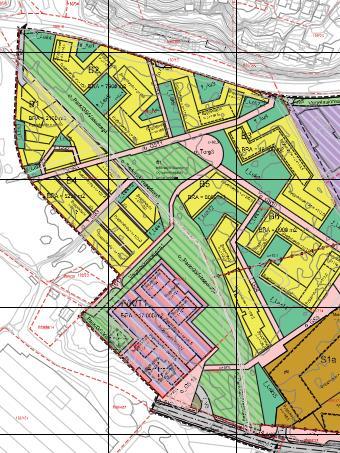 1: Utsnitt gjeldende reguleringsplan for idrettsparken, blå linje markerer omlagt trase for Ulsetlona Figur 3.2: Utsnitt gjeldene reguleringsplan Åsane senterområde (S3). Rød linje markerer B1 og B4.