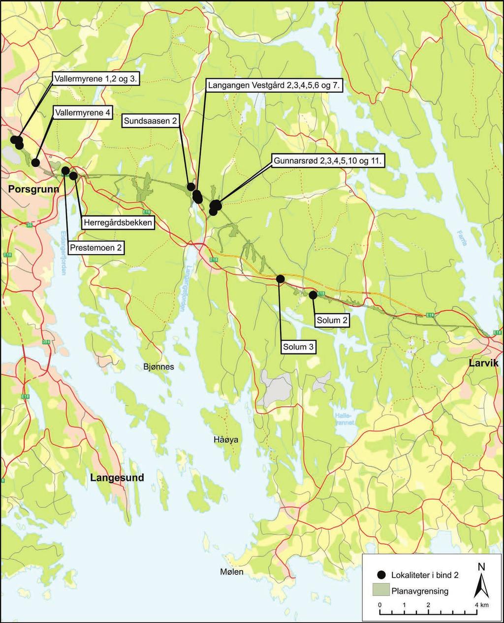 1. innledning 11 Figur 1.1. Kart over jernbanetraséen mellom Larvik og Porsgrunn med alle omtalte lokaliteter markert.