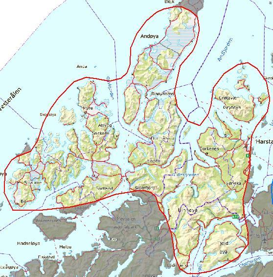 Innledende beskrivelse av området AREAL: 4692 km 2 KOMMUNER: Bø, Øksnes, Andøy, Sortland, Kvæfjord, Harstad, Tjeldsund, Lødingen, Hadsel, Bjarkøy.