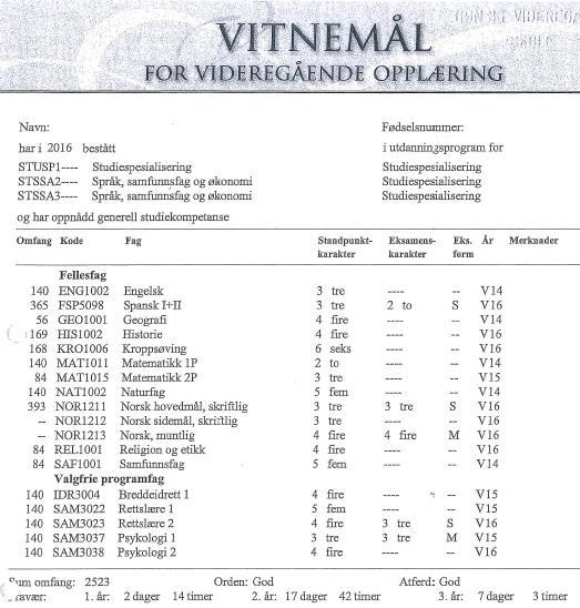 Poengberegning Eksempel på vitnemål Antall karakterer: 23