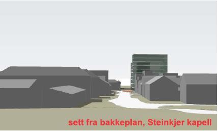 Illustrasjon 8 + 2 etg. De to ekstra etasjene mot Kirkegata foreslås ikke tillatt.