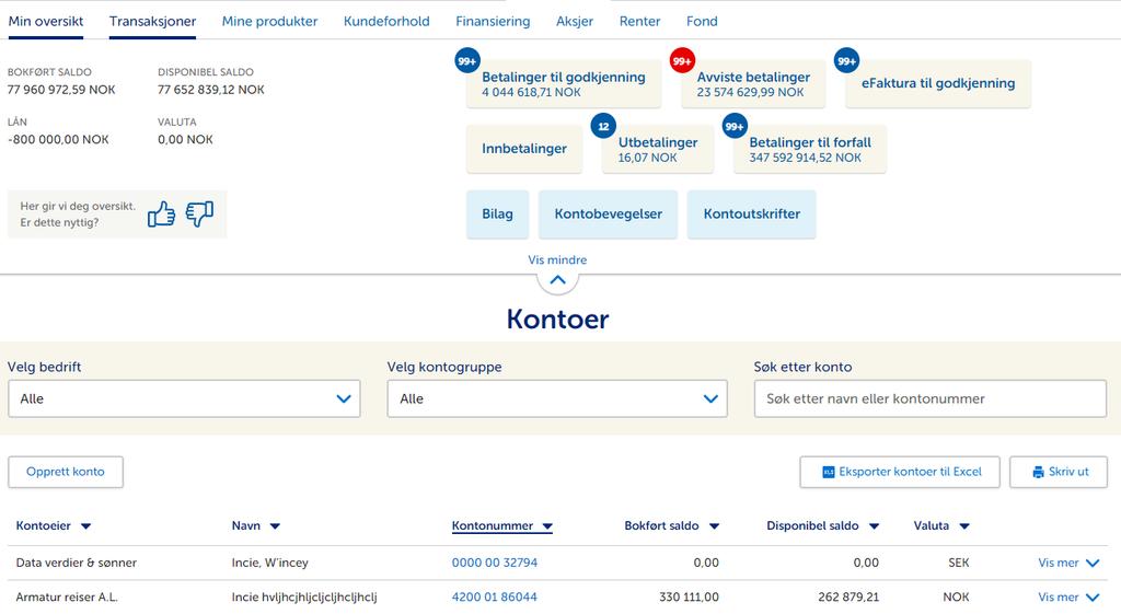 Oversikt «Min oversikt» Forsiden viser nøkkelinformasjon, kontooversikt og snarveier til de mest brukte funksjonene i nettbanken.