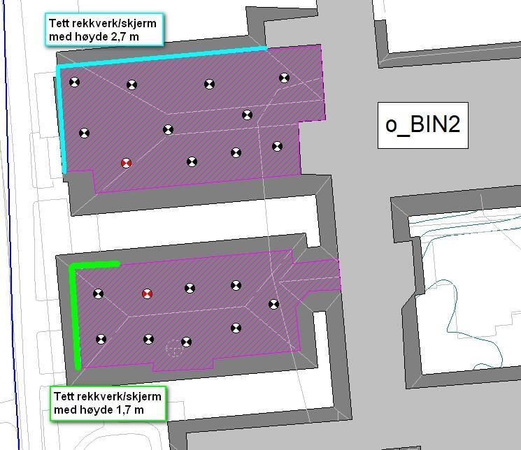 5.2.2 o_bin2 På o_bin2 planlegges det takterrasser på eksisterende bebyggelse over fløy A og E. Disse er markert med rosa i vedlegg 2.