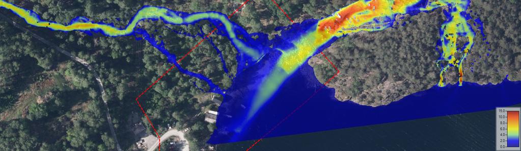 Figur 4 Flomsone (øverst til venstre). Vannhastighet (m/s) og flomutbredelse ved 200-årsflom (inkludert 20 % klimapåslag) og 1-års stormflo. Planområdet er rødmerket.