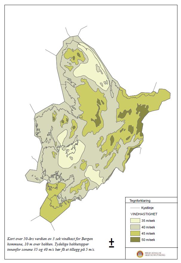 Store variasjoner 50 års verdi 3 sek vindkast Vindlast beregnes ut fra referansevindhastighet V REF m/s Bergen -sentrum V REF = 50 års verdi av 10 min