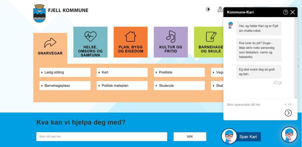 Figur 4: Utklipp av nettside med samtalevindauge med Kommune-Kari (henta 11.10.
