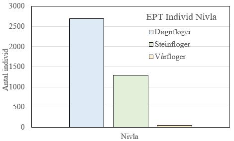 Tabell 21. Antal individ og taksa, med ASPT-indeks nedst i Nivla hausten 2017 Analysane er utført av Mats Uppmann ved Pelagia Nature & Environment AB (sjå vedleggsrapport bak).