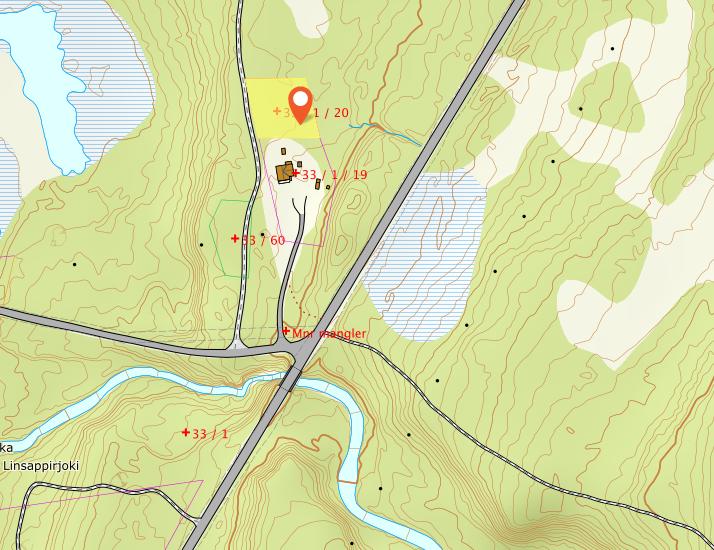 Figur 2 Aktuell eiendom markert i gult Figur 3 Situasjonsplan (kilde: søknad) Beskrivelse av tiltak Eiendommen 33/1/20 ble etablert i 1975 og har et areal på om lag 1,5 dekar.