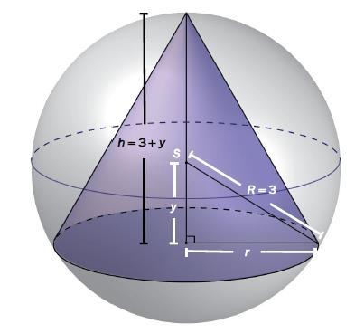 En kjegle er innskrevet i en kule. Kulen har sentrum i S og radius R. Grunnflaten i kjeglen har radius r.