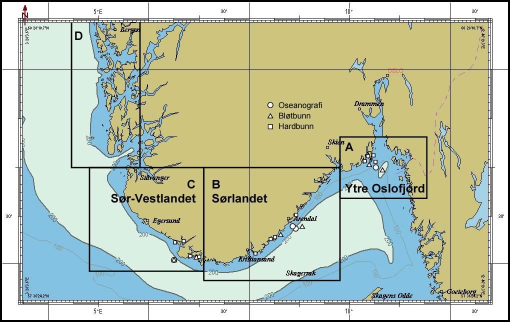 Innledning Figur 3.1. Kystovervåkingsprogrammet i dekket de 3 områdene A: Ytre Oslofjord, B: Sørlandet og C. Sør-vestlandet. Stasjonsposisjoner er gitt i nedenforstående tabeller. Vannmasser Tabell 3.