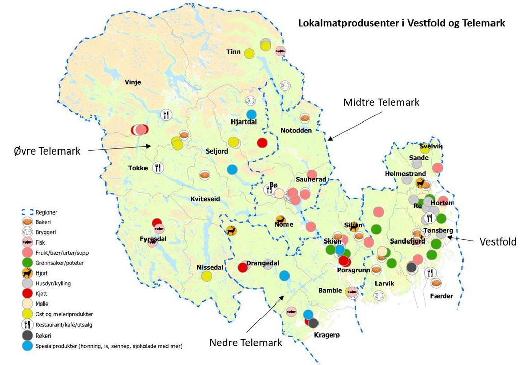 3.14 Lokalmatprodusenter i Vestfold og Telemark Kartet viser lokalmatprodusenter registrert i 2017/18. (Fylkesmannen i Vestfold og Telemark).