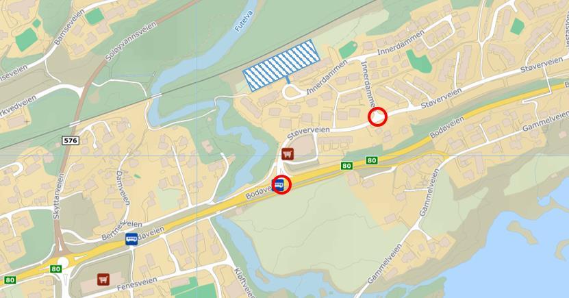 COWI har utført kapasitetsberegninger for kryssene Bodøveien x Støverveien og Støverveien x Innerdammen. Figur 1 Planom