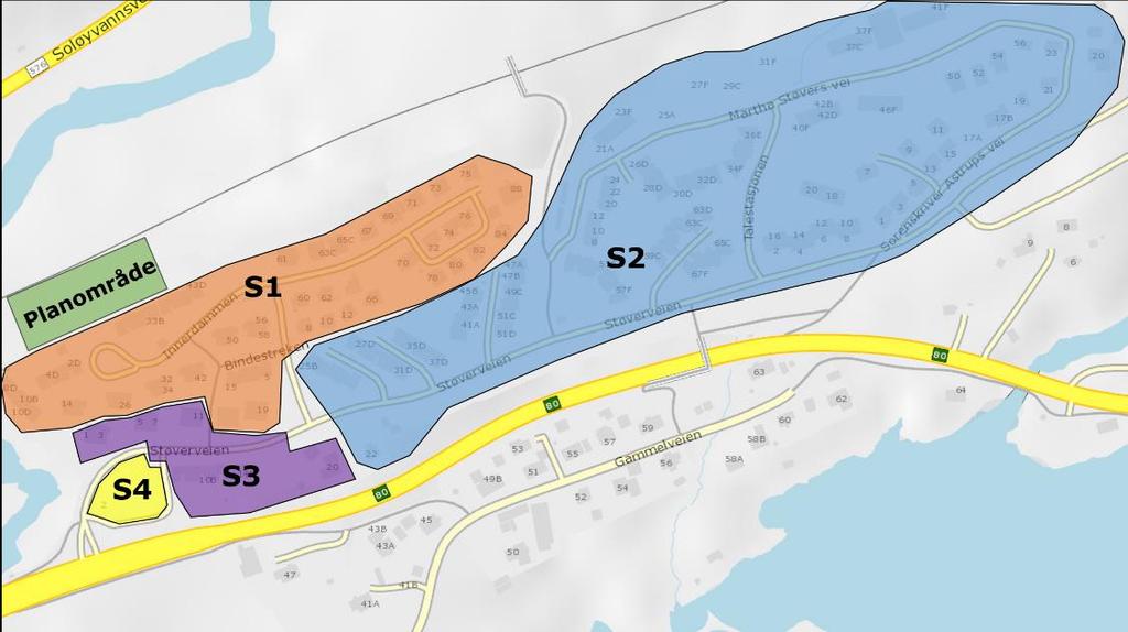 Figur 4 Området nord for Bodøveien delt inn i soner. Turproduksjonen til/fra sonene estimeres som vist i tabellene under.