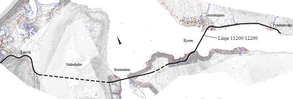 mellom 150 200 meter over elva ved Neset. Totallengden på denne linje 10 400 er ca. 20 km.
