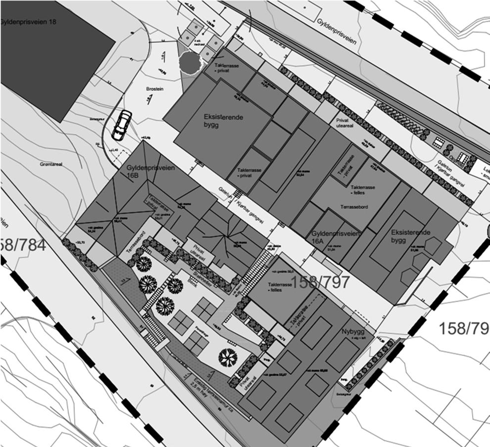 Bygg B og C har private terrasser i 2.-5. etasje mot nordøst og sørvest. Støynivået på terrassene blir L DEN 47-53 db(a), og tilfredsstiller derfor bestemmelsen. 6.