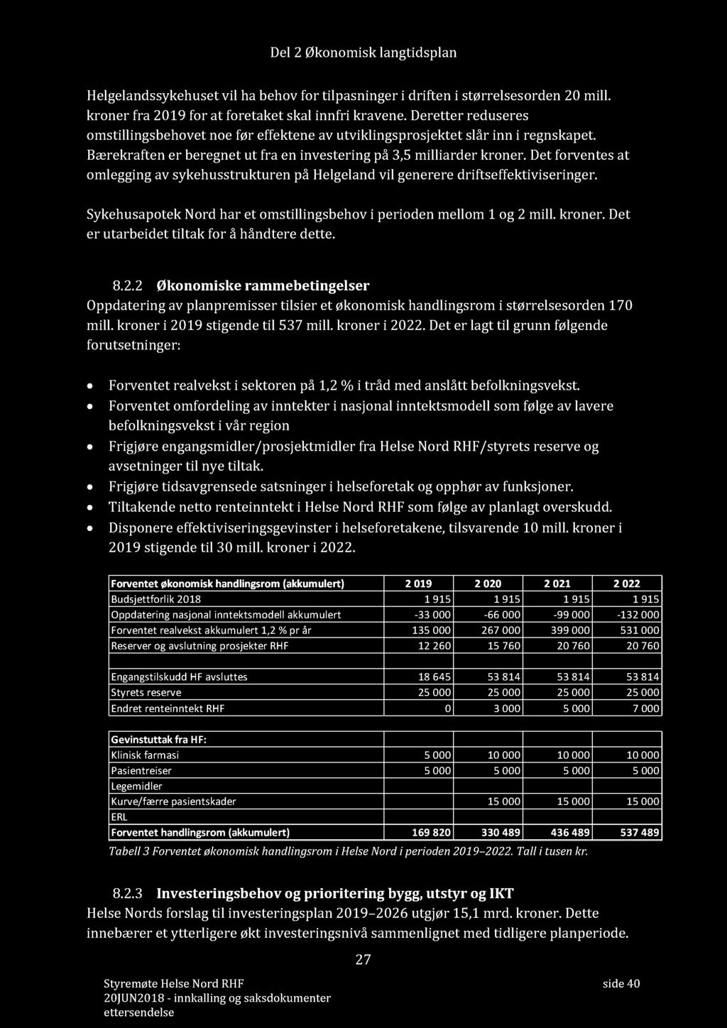 Del 2 Økonomisk langtidsplan Helgelandssykehuset vil ha behov for tilpasninger i driften i størrelsesorden 20 mill. kroner fra 2019 for at foretaket skal innfri kravene.