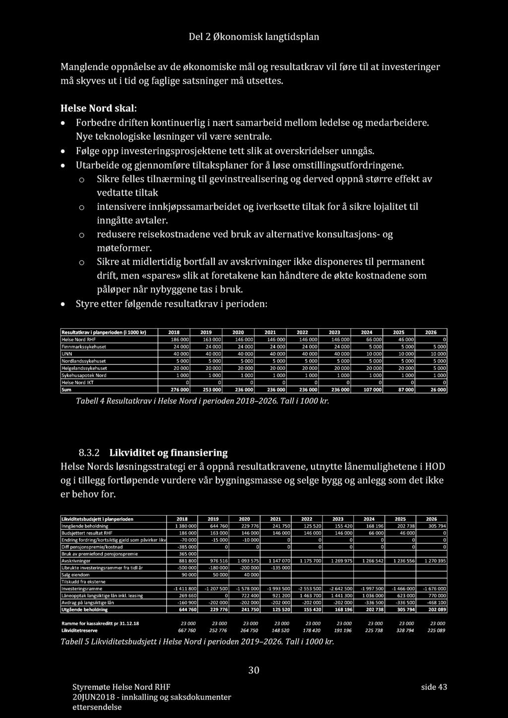 Del 2 Økonomisk langtidsplan Manglende oppnåelse av de økonomiske mål og resultatkrav vil føre til at investeringer må skyves ut i tid og faglige satsninger må utsettes.