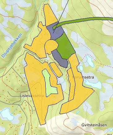 OMRÅDE: Djupsjøen K51a-b Narumsetra Gbnr 141/3 Innspill: 5 a Dagens formål: Spredt fritidsbebyggelse Foreslått formål: Kombinerte formål/bunnstasjon tunell Arealstørrelse: 39 daa Moh.