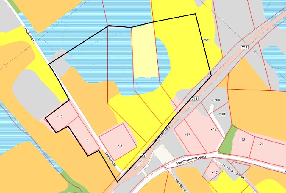 Figur 5: viser inndelingen etter AR5 (blå=myr, gul=overflatedyrka jord.