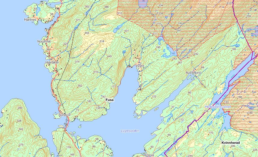 OMRÅDEBESKRIVELSE GENERELT Lygreselva renner sørover med utløp i Lygrespollen ved Lygre helt sør i Fusa kommune i Hordaland (figur 4). Elven har i hovedsak sin opprinnelse fra Stegvatnet (126 moh.