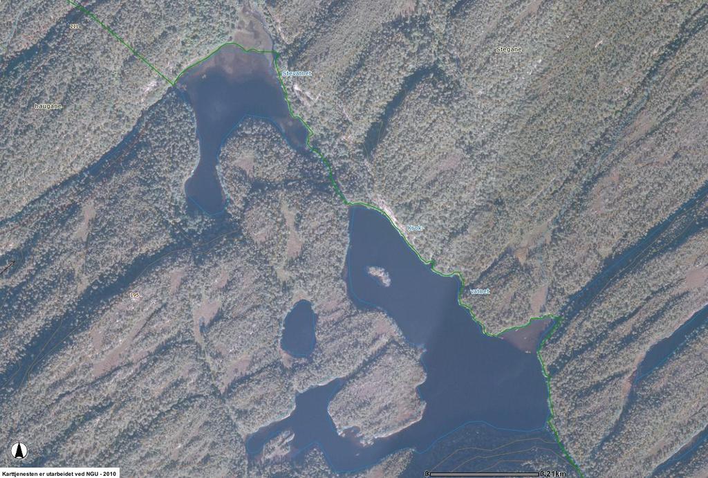 Nordøstlige deler av Stegvatnet, med elvesnelle-starr-sump, flaskestarrutforming (O3b) i forgrunnen og gråorheggeskog (C3) til venstre i bildet.