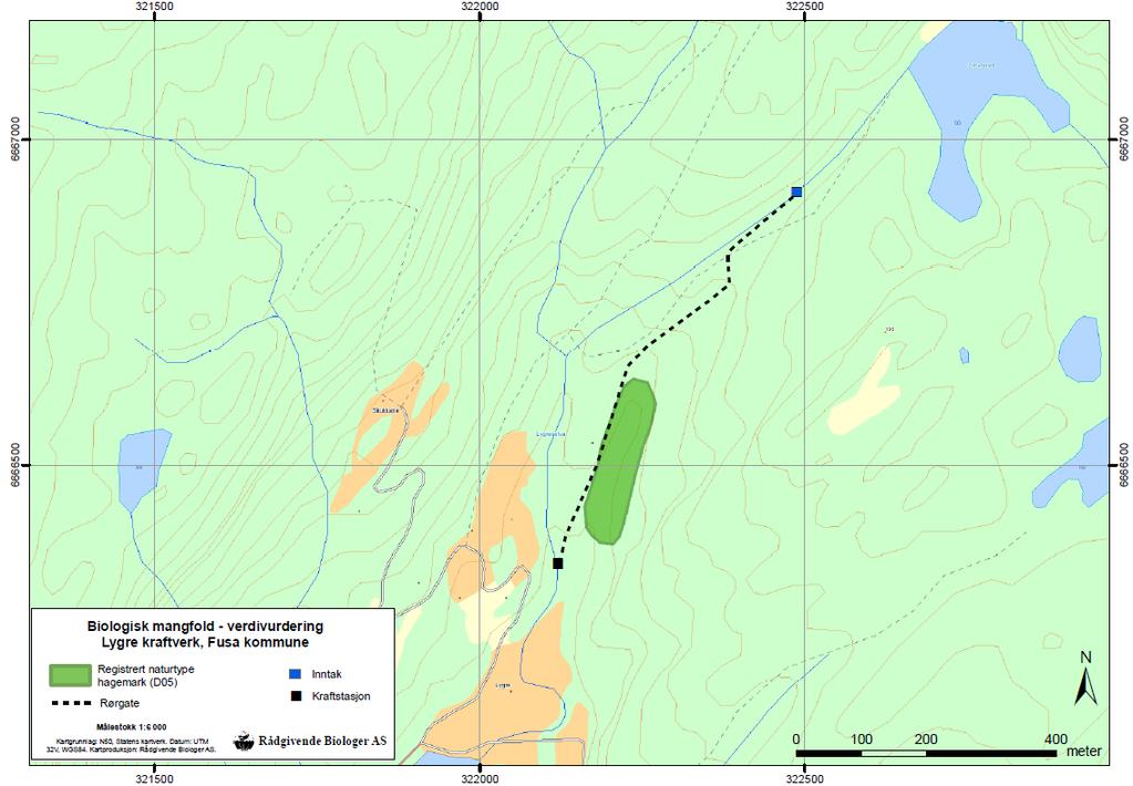 Figur 13. Kart som viser tiltakets virkning på naturtypen hagemark (D05) i influensområdet for Lygre kraftverk. Planlagt rørgate kan medføre noe hogst i naturtypen.