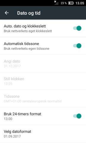 5.3 Dato og tid Innstilling av dato, tid og tidsson stilles via Handi Innstillinger Android Innstillinger System Dato og tid.