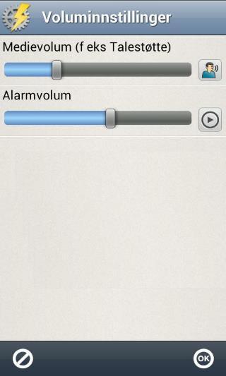 7.3 Volum Når man trykker på pilen til høyre for Volum vises skjermbildet Voluminnstillinger. Her kan man stille inn alle volum individuelt: Medievolum (f.eks. Talestøtte) Alarmvolum.