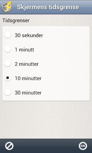 7.6 Skjermens tidsgrense Via Skjermens tidsgrense kan man stille inn tiden før skjermen slukkes og enheten går i hvilemodus (gjelder bare når enheten går på batteristrøm). Følgende skjerm vises.