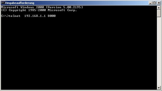 telnet <IP> <Port>, followed by <Return>. For <IP> you type the local IP address and for <Port> the logical port that you entered before on step 7. Next you should see >connected on your monitor.