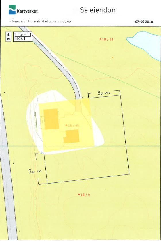Figur 2 Situasjonsplan som var vedlagt søknaden Beskrivelse av tiltak Søker ønsker å fradele en tomt som tilleggsareal til GBnr 18/45.