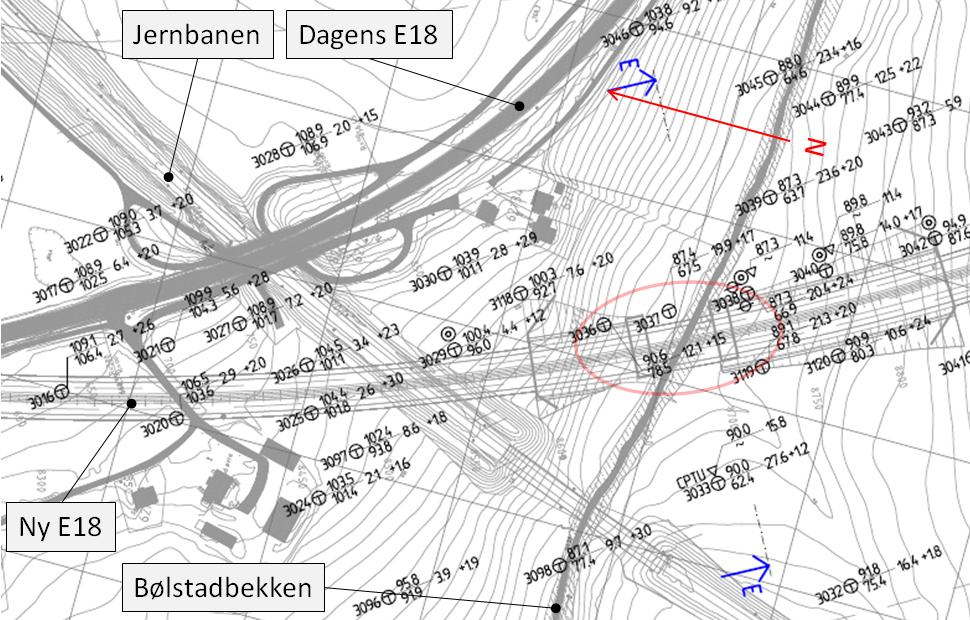 Figur 3-2 Utsnitt av borplan Grunnforhold Grunnforholdene i området er beskrevet i notat 125103-RIG-NOT-007-2 ref. /4/. Dybder til berg Berg er registrert varierende fra kote +66.9 til kote +80.3. Det er ikke utført spesifikk sondering i fundamentaksene, da plassering ikke er fastsatt.