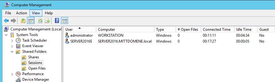 Sesjoner og åpne filer Computer Management Sessions Viser brukere som er