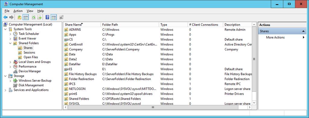 Dele ut mapper Verktøy for deling Fra File Explorer» Menyvalg: Properties Sharing Advanced Sharing Fra Computer Management» System Tools Shared Folders Shares Hvem har rettigheter til å dele ut