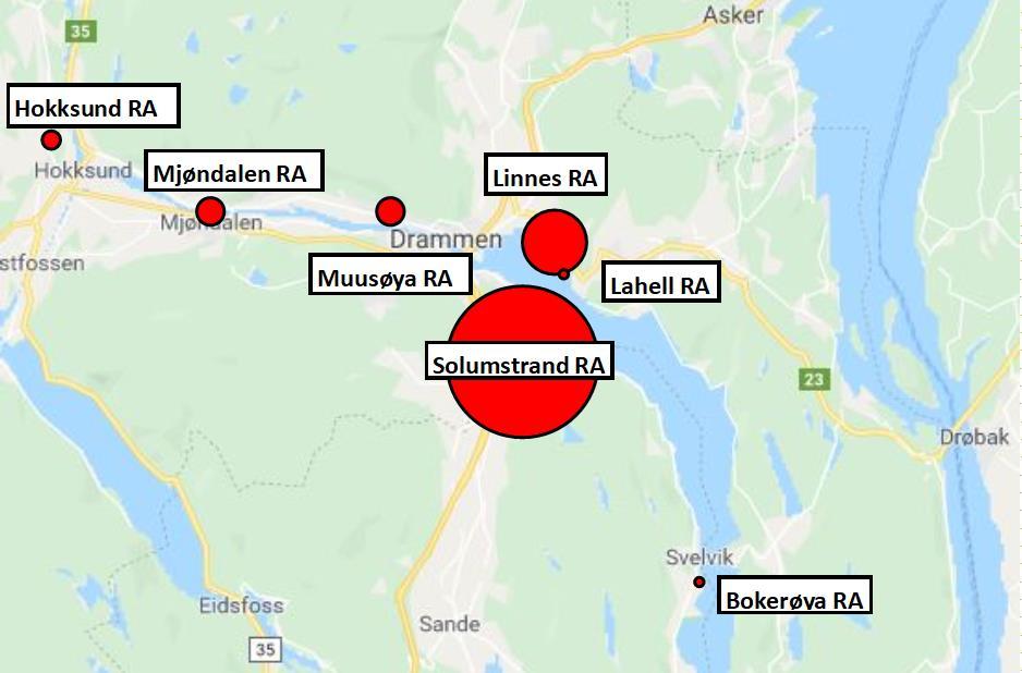 Aktuelle for samarbeid: Kommune Renseanlegg pebelastning 2018 pebelastning 2040 Øvre Eiker Hokksund 15 000 25 000 Nedre Eiker Mjøndalen 25 000 32 000 Drammen Muusøya 22 000 34