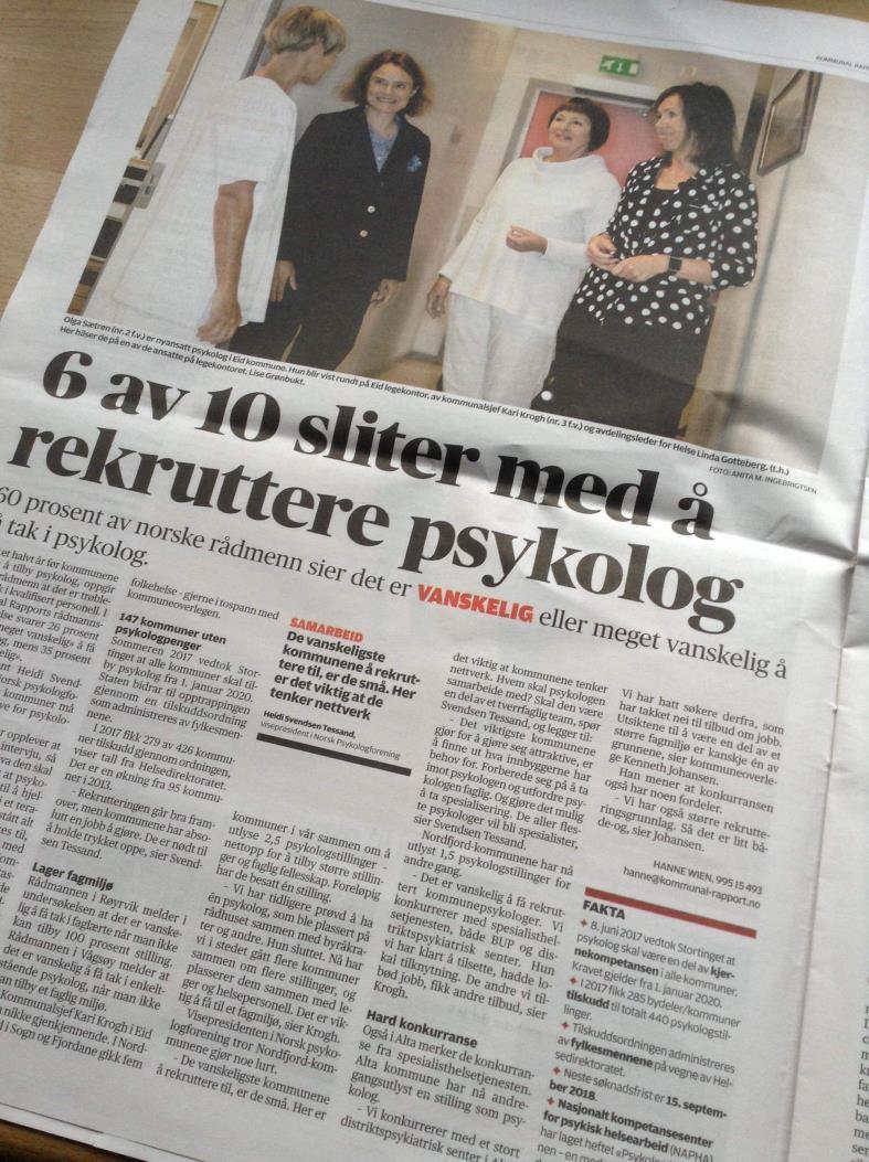 REKRUTTERINGSVANSKER - 147 kommuner uten psykolog - 6 av 10 kommuner strever med å få psykolog - De som har,