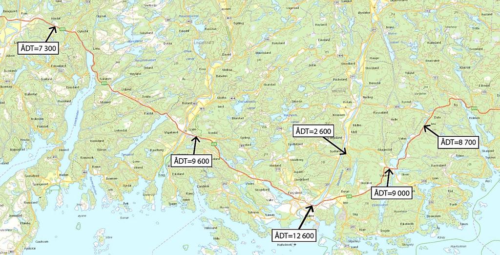 Figur 3-2: Årsdøgntrafikk hentet fra vegkart.no per oktober 2018 (kartkilde: Topografisk Norgeskart) 3.