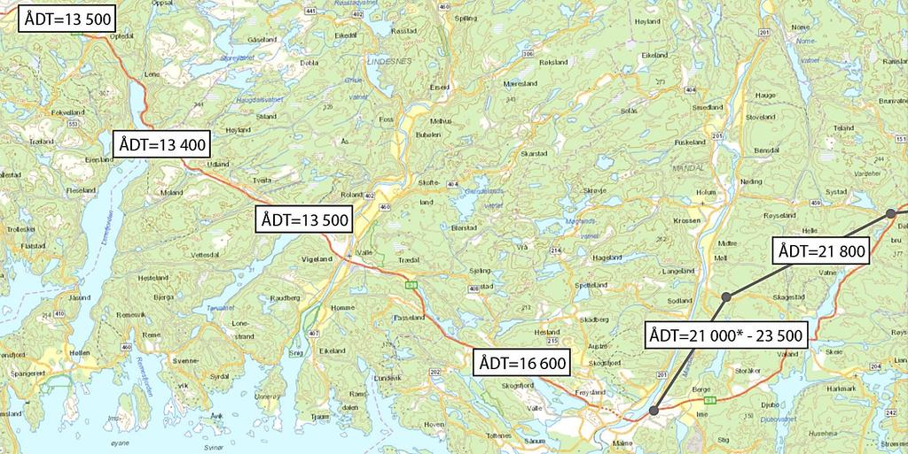 avstanden med 4,4 kilometer mellom disse byene. Dette medfører også at det blir flere lange reiser som benytter E39 videre østover mot Lyngdal og videre til Stavanger.