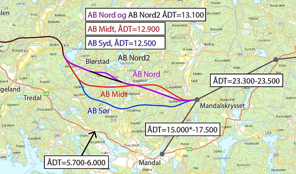 Trafikktall år 2046 i øst uten kryss på ny E39 Av de fire veilinjene i øst er det Nord-alternativene som gir mest trafikk. Disse har 600-700 ÅDT mer enn tilsvarende alternativ ved linje AB Sør.