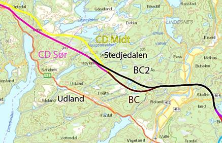 Figur 4-5: Veialternativer i midtre del av ny E39 Mandal-Lyngdal. Brun linje er BC og sort linje er BC 2.