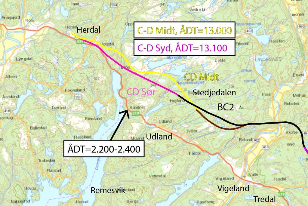 Tabell 4-5: Lengde og kjøretid ved de to ulike veialternativene i vest Tema CD Midt CD Sør Lengde (km) 10.35 9.