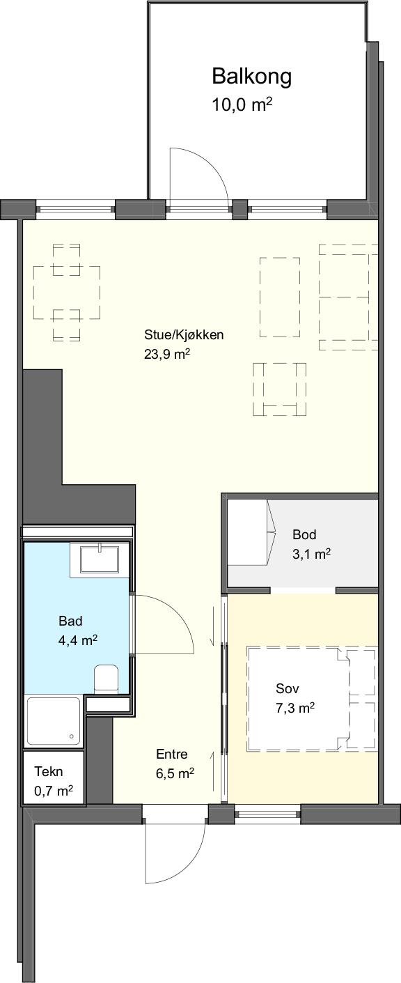 Du har mulighet til å velge en alternativ planløsning som et tilvalg, ved at boden blir en walk-in-garderobe og du får skyvedører inn til soverommet.